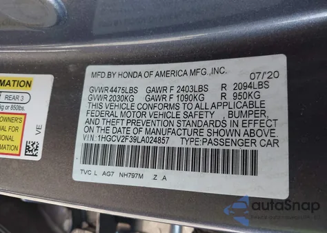 2020 Honda Accord Sport 2.0T from USA, damaged, VIN 1HGCV2F39LA024857